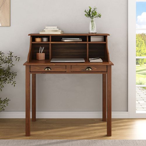 Bureau Secrétaire Marlene, Avec 2 Tiroirs, En Bois Massif - Brun Foncé