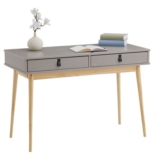 Bureau Wanda En Pin Massif Avec 2 Tiroirs Lasuré Gris Et Naturel