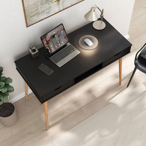 Bureau Stefano En Pin Massif Avec 2 Tiroirs Et 1 Niche - Coloris Noir Et Chêne