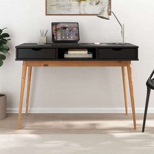 Bureau Stefano En Pin Massif Avec 2 Tiroirs Et 1 Niche - Coloris Noir Et Chêne