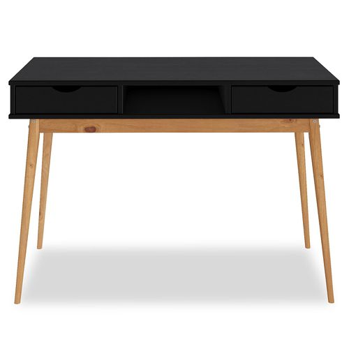 Bureau Stefano En Pin Massif Avec 2 Tiroirs Et 1 Niche - Coloris Noir Et Chêne