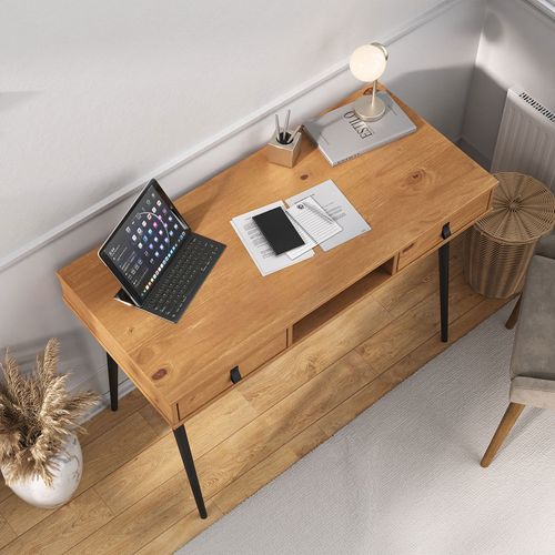 Bureau Kim Avec 2 Tiroirs Et 1 Niche, En Pin Massif - Chêne Et Noir