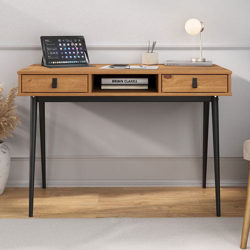 Bureau Kim Avec 2 Tiroirs Et 1 Niche, En Pin Massif - Chêne Et Noir