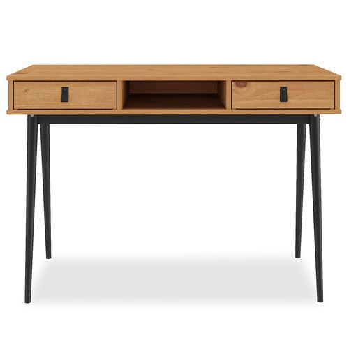 Bureau Kim Avec 2 Tiroirs Et 1 Niche, En Pin Massif - Chêne Et Noir