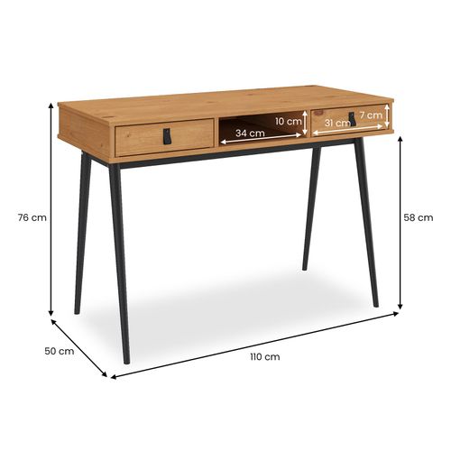 Bureau Kim Avec 2 Tiroirs Et 1 Niche, En Pin Massif - Chêne Et Noir