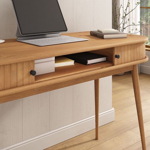Bureau Jari Avec Porte Coulissante, En Bois Massif - Coloris Chêne