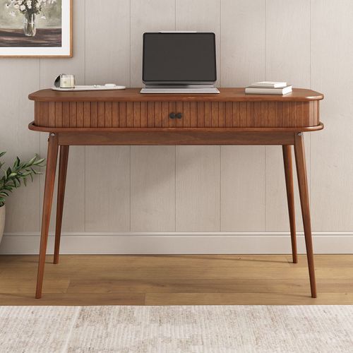 Bureau Jari Avec Porte Coulissante, En Bois Massif - Coloris Châtaignier