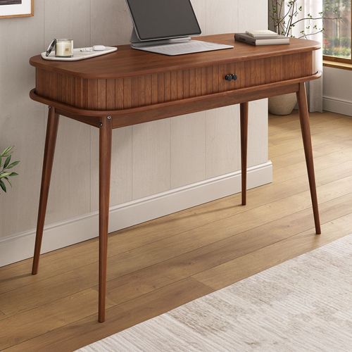 Bureau Jari Avec Porte Coulissante, En Bois Massif - Coloris Châtaignier