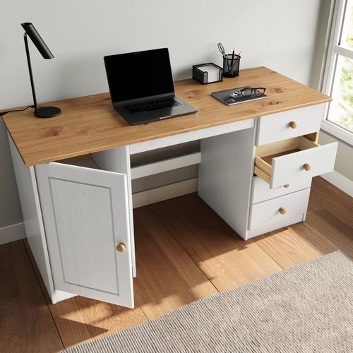 Bureau Manager L 145 Cm, En Bois Massif - Coloris Blanc Et Chêne
