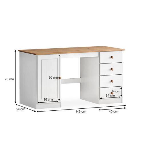 Bureau Manager L 145 Cm, En Bois Massif - Coloris Blanc Et Chêne