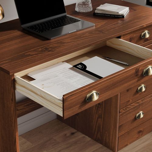 Bureau Lana Avec 5 Tiroirs En Pin Massif - Brun Foncé