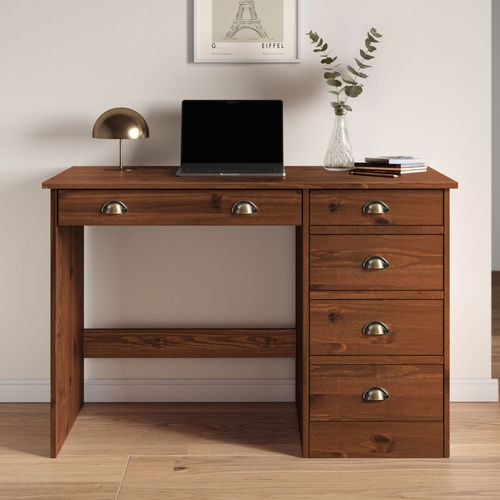 Bureau Lana Avec 5 Tiroirs En Pin Massif - Brun Foncé