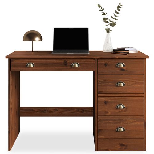 Bureau Lana Avec 5 Tiroirs En Pin Massif - Brun Foncé