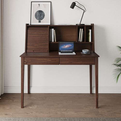 Bureau Secrétaire Alisa Avec 2 Tiroirs, En Bois Massif - Coloris Noyer