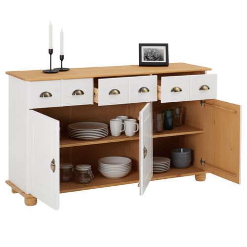 Buffet Colmar En Pin Massif, 3 Tiroirs Et 3 Portes, Lasuré Blanc Et Brun