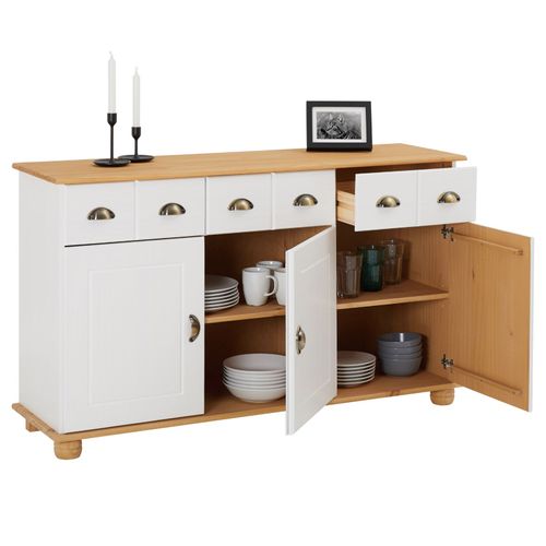 Buffet Colmar En Pin Massif, 3 Tiroirs Et 3 Portes, Lasuré Blanc Et Brun