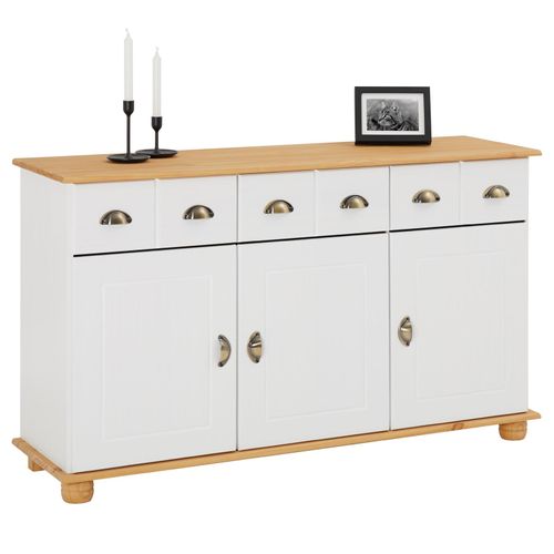 Buffet Colmar En Pin Massif, 3 Tiroirs Et 3 Portes, Lasuré Blanc Et Brun