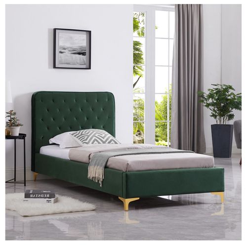 Lit Simple Glamour, 90x190 Cm, Capitonné Avec Sommier, Revêtement En Velours Vert