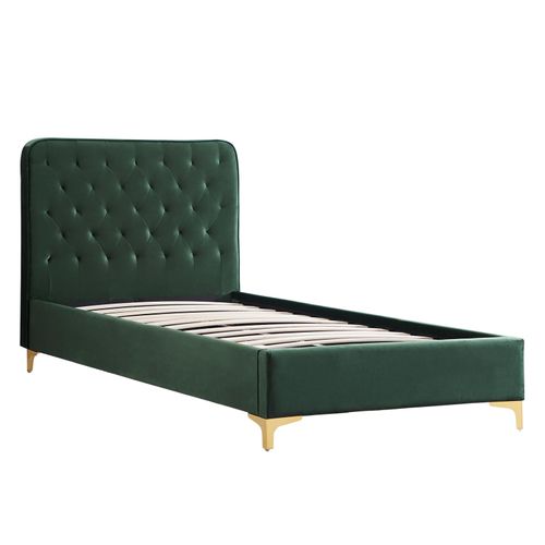 Lit Simple Glamour, 90x190 Cm, Capitonné Avec Sommier, Revêtement En Velours Vert