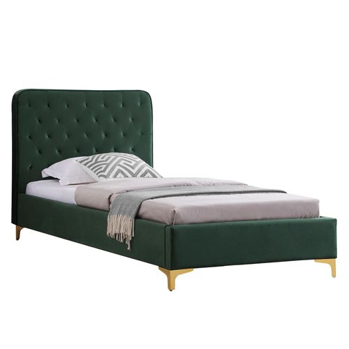 Lit Simple Glamour, 90x190 Cm, Capitonné Avec Sommier, Revêtement En Velours Vert