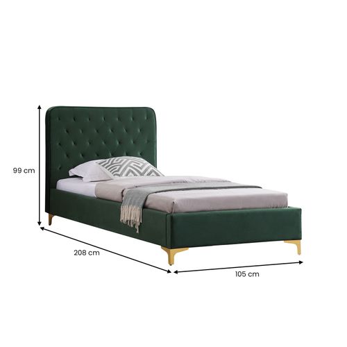 Lit Simple Glamour, 90x190 Cm, Capitonné Avec Sommier, Revêtement En Velours Vert