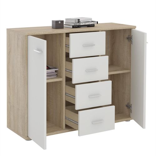 Buffet Elodie, En Mélaminé Décor Chêne Sonoma Et Blanc Mat