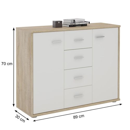 Buffet Elodie, En Mélaminé Décor Chêne Sonoma Et Blanc Mat