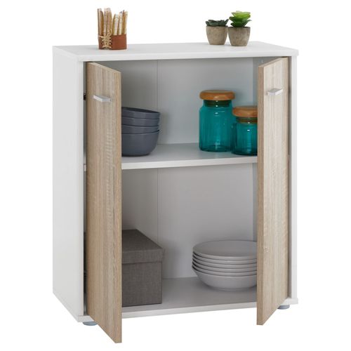 Buffet Firmin, En Mélaminé Blanc Mat Et Décor Chêne Sonoma