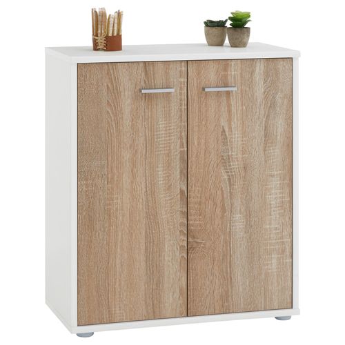Buffet Firmin, En Mélaminé Blanc Mat Et Décor Chêne Sonoma