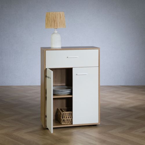 Buffet Calais, En Mélaminé Décor Chêne Sonoma Et Blanc Mat