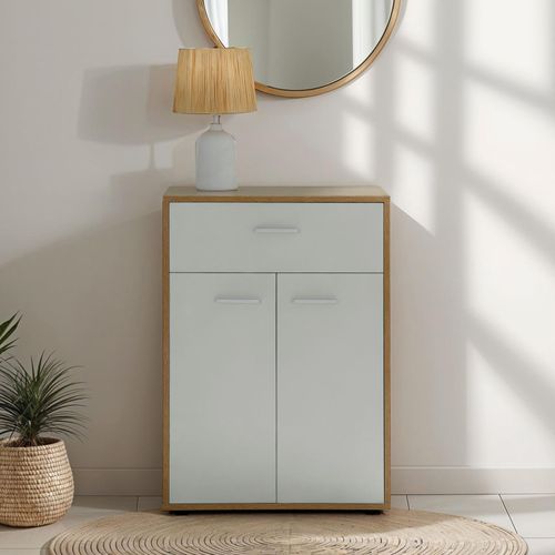 Buffet Calais, En Mélaminé Décor Chêne Sonoma Et Blanc Mat