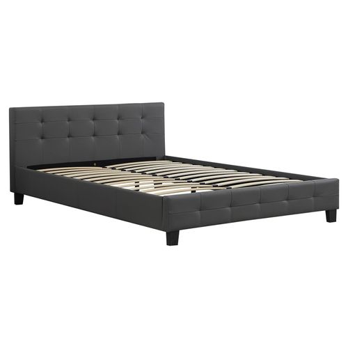 Lit Double Mathieu, 140 X 190 Cm, Capitonné Avec Sommier, Revêtement Synthétique Gris