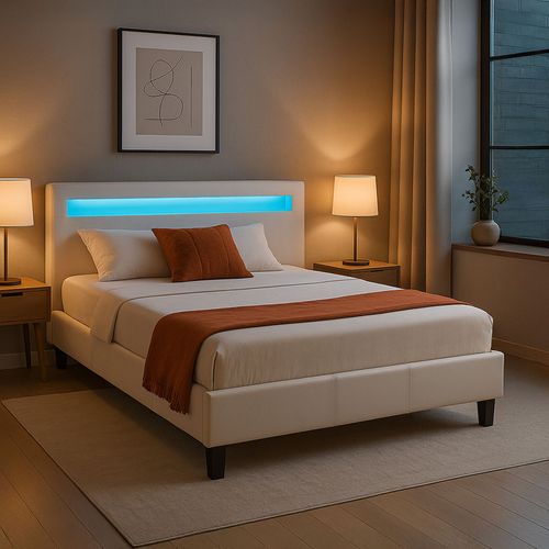 Lit LED Double Rioja 140x190 Cm, Avec Sommier, Revêtement Tissu Blanc