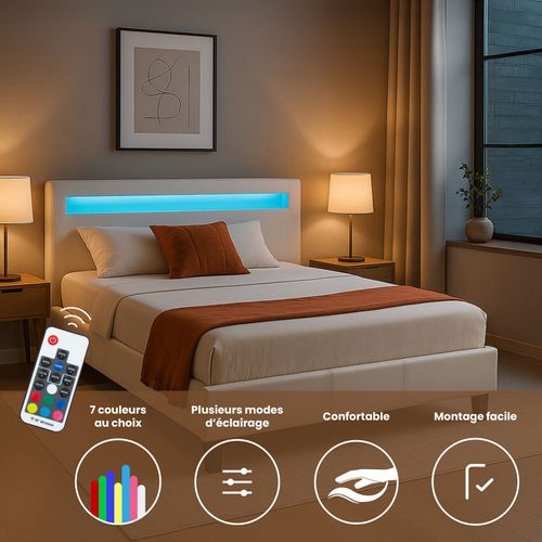 Lit LED Double Rioja 140x190 Cm, Avec Sommier, Revêtement Tissu Blanc