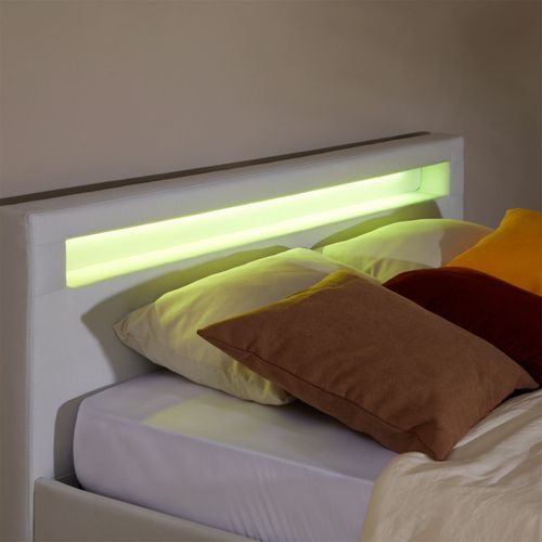 Lit LED Double Rioja 140x190 Cm, Avec Sommier, Revêtement Tissu Blanc