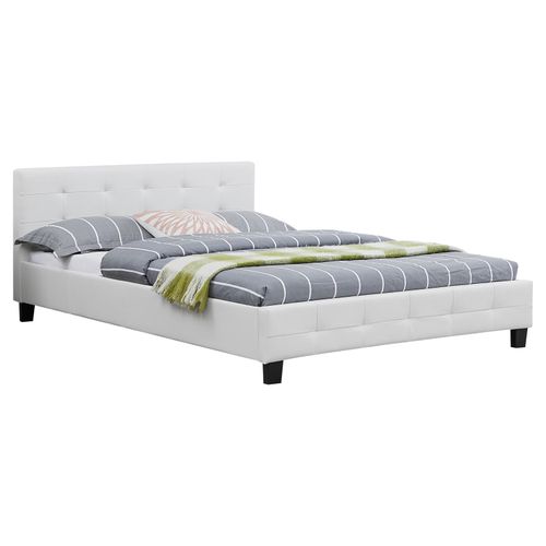 Lit Double Mathieu, 140 X 190 Cm, Capitonné Avec Sommier, Revêtement Synthétique Blanc