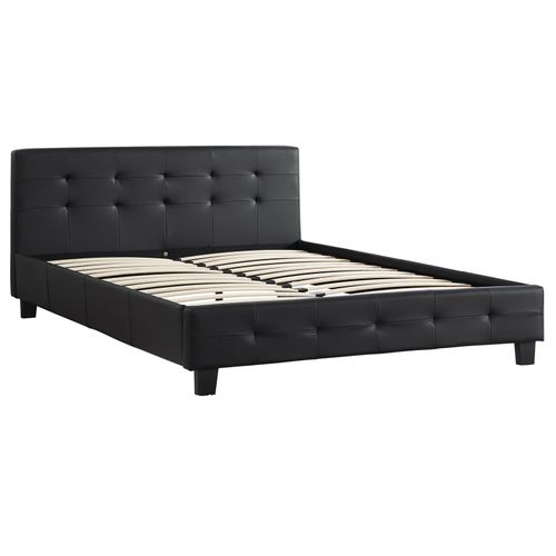 Lit Double Mathieu, 140 X 190 Cm, Capitonné Avec Sommier, Revêtement Synthétique Noir