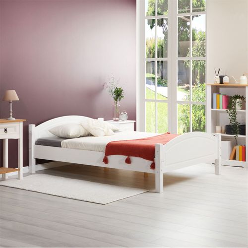 Lit Double Flims, 140 X 190 Cm En Pin Massif Lasuré Blanc