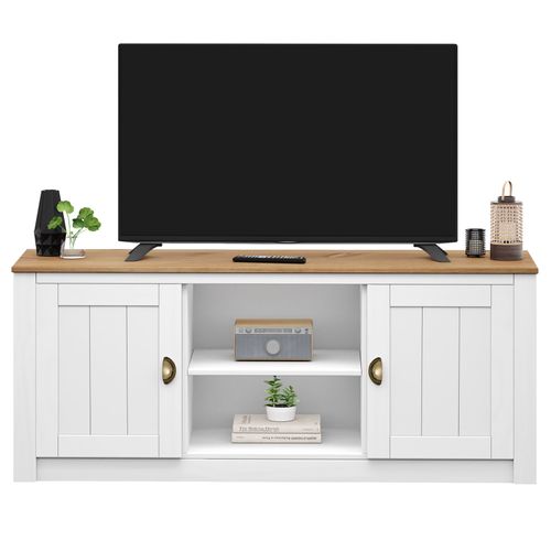 Meuble TV Bolton L 138 Cm En Bois Massif - Blanc Et Brun