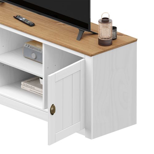 Meuble TV Bolton L 138 Cm En Bois Massif - Blanc Et Brun