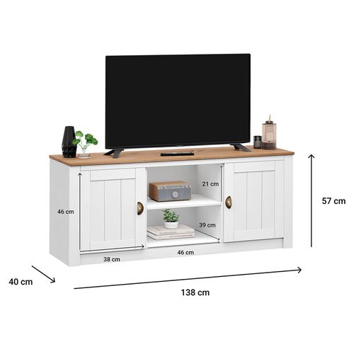 Meuble TV Bolton L 138 Cm En Bois Massif - Blanc Et Brun