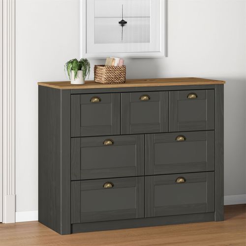 Commode Bolton Avec 7 Tiroirs, En Pin Massif Lasuré Gris Anthracite Et Brun