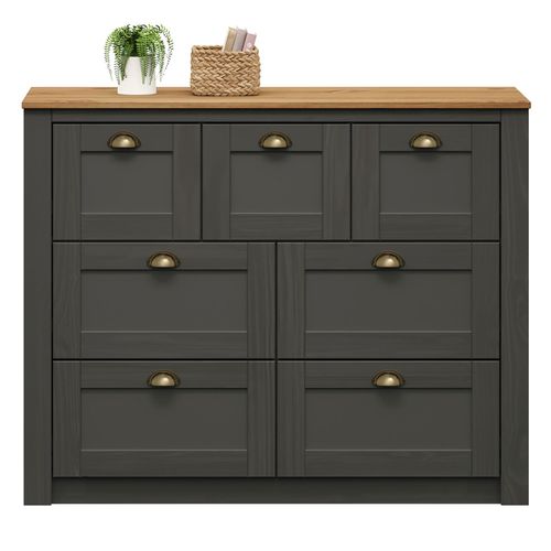 Commode Bolton Avec 7 Tiroirs, En Pin Massif Lasuré Gris Anthracite Et Brun