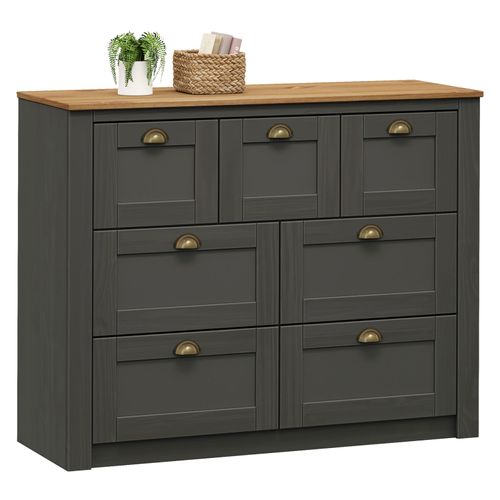 Commode Bolton Avec 7 Tiroirs, En Pin Massif Lasuré Gris Anthracite Et Brun