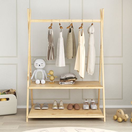 Penderie Chambre 2 Compartiments En Bois - 100x32,5x35 Cm - Gris Béton, Avec Tringle à Vêtements