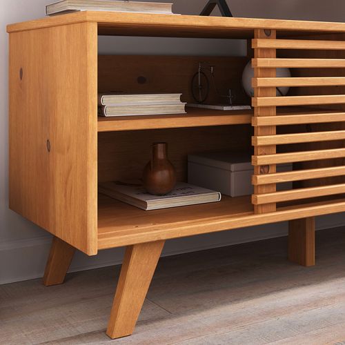 Meuble TV Rian Avec Portes Coulissantes, En Pin Massif - Coloris Chêne