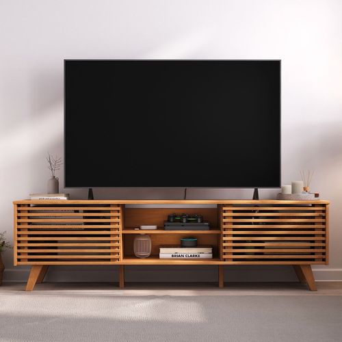 Meuble TV Rian Avec Portes Coulissantes, En Pin Massif - Coloris Chêne
