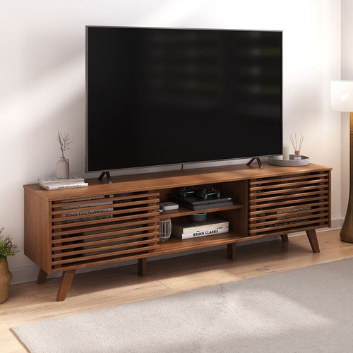 Meuble TV Rian Avec Portes Coulissantes, En Pin Massif - Brun Foncé