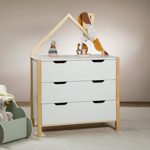 Commode Enfant Elano En Bois Massif 3 Tiroirs - Blanc Et Naturel