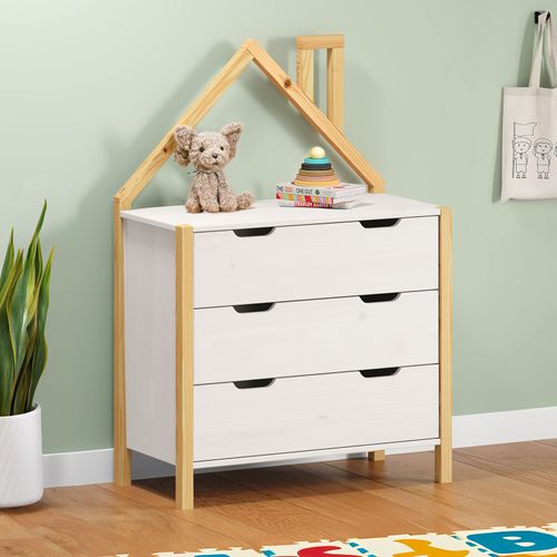 Commode Enfant Elano En Bois Massif 3 Tiroirs - Blanc Et Naturel